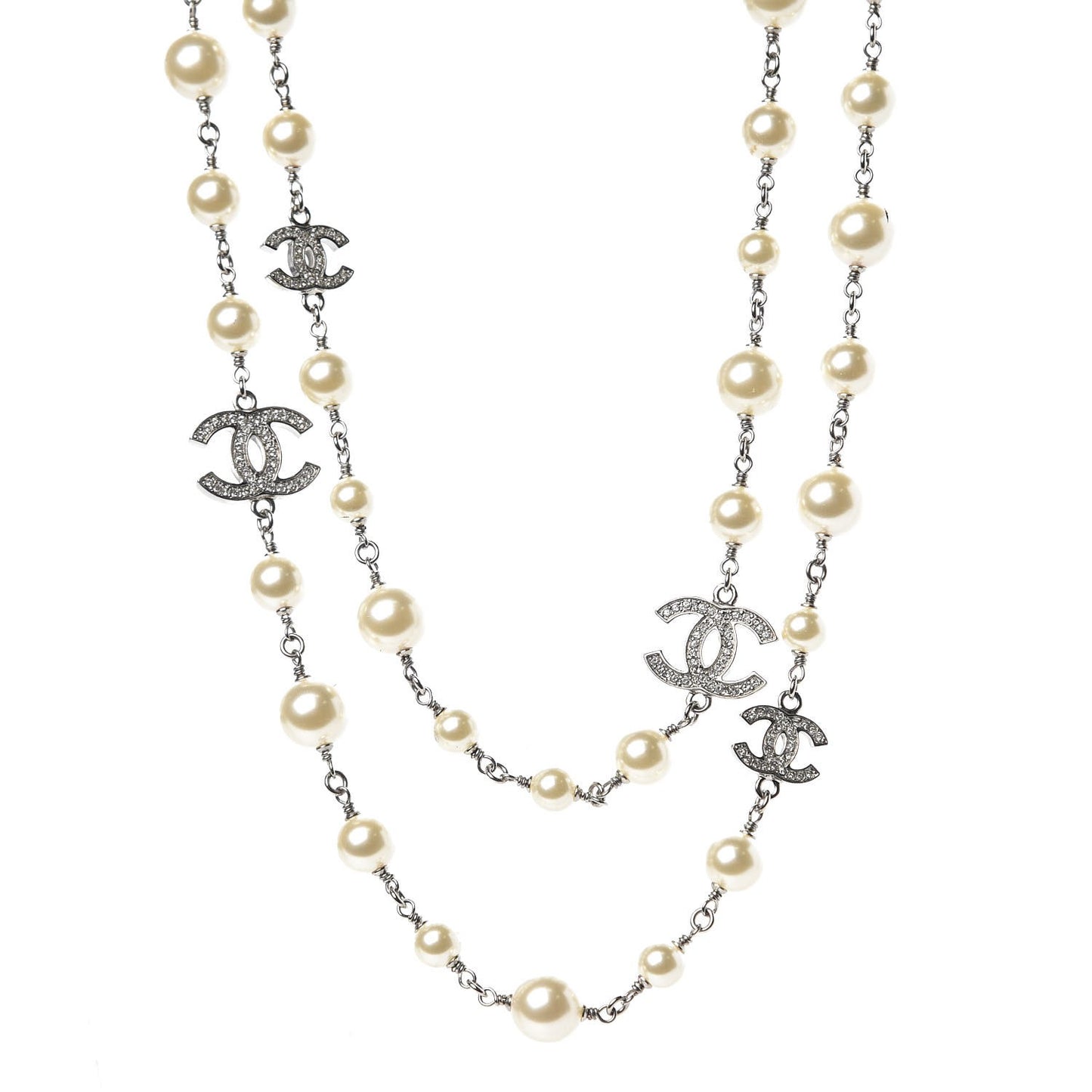 Pearl Crystal CC Necklace Silver Pearly White