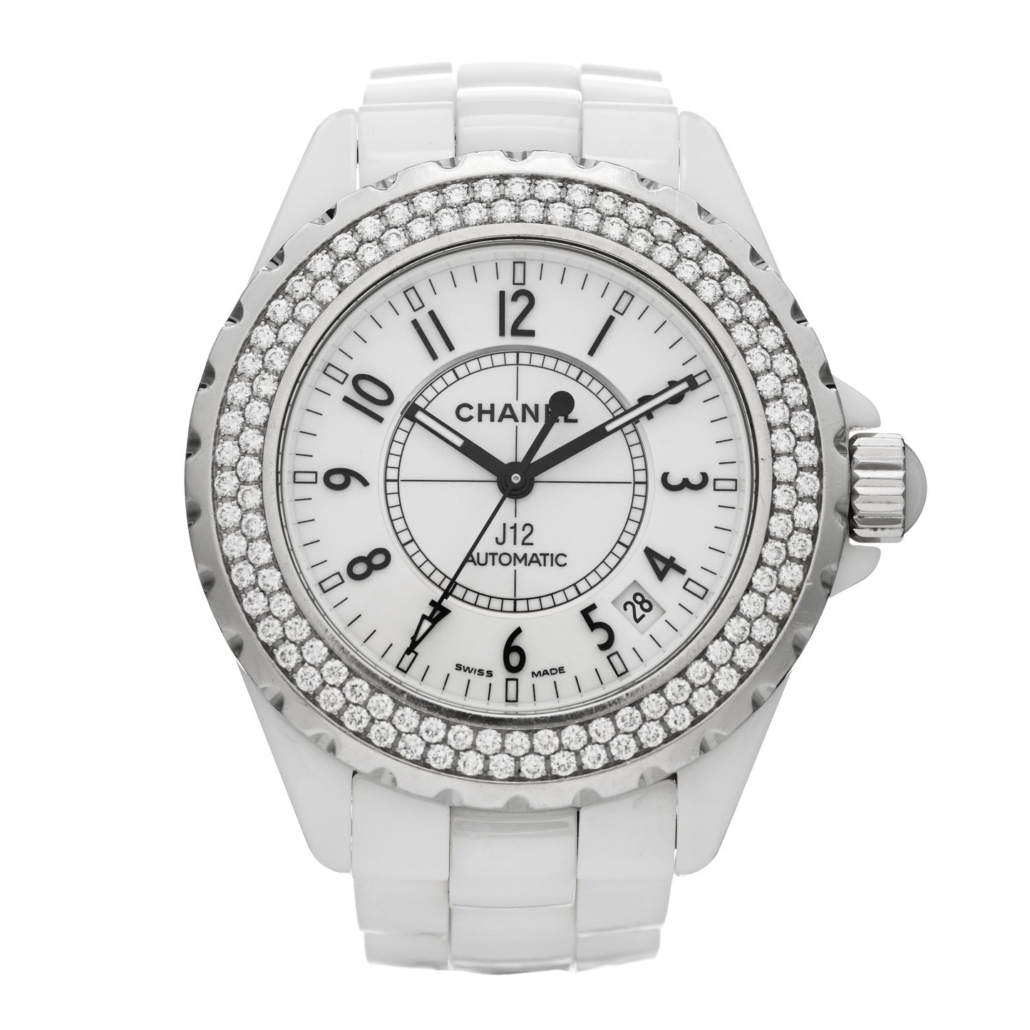 Stainless Steel Ceramic Diamond Pave Bezel 38mm J12 Automatic Watch White
