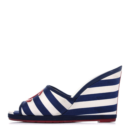 Chanel Canvas Striped Wedge Sandals 36 Red Navy Blue 1 of 13