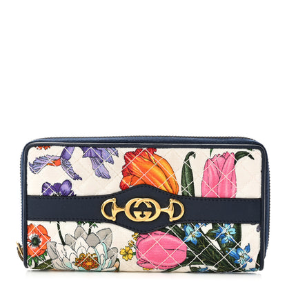 Gucci Canvas Flora Floral Trapuntata Zumi Zip Around Wallet Great White Multicolor Blue Agata 1 of 9