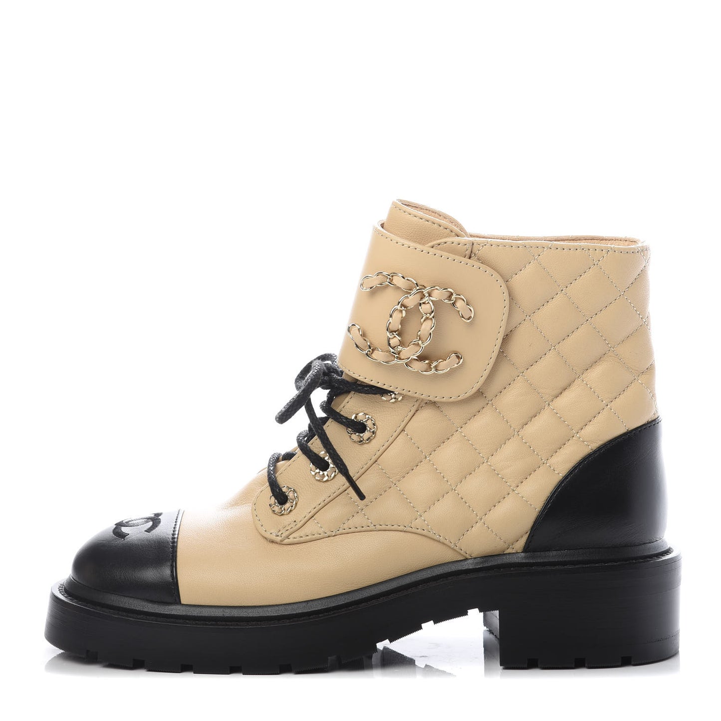 Shiny Lambskin Quilted Lace Up Combat Boots 37.5 Beige Black