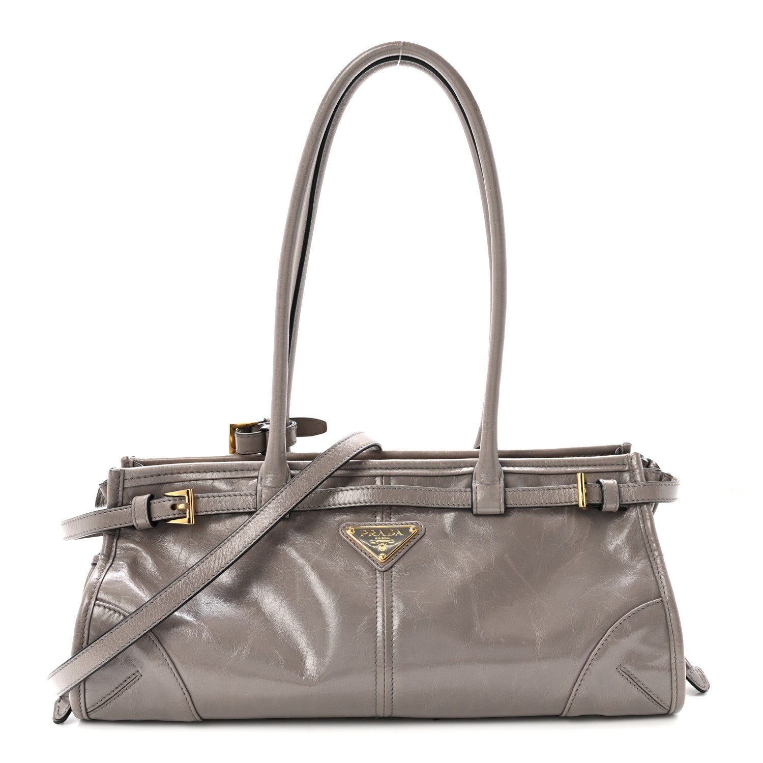 Prada Glossy Calfskin Triangle Medium Bonnie Shoulder Bag Peltro 1 of 9