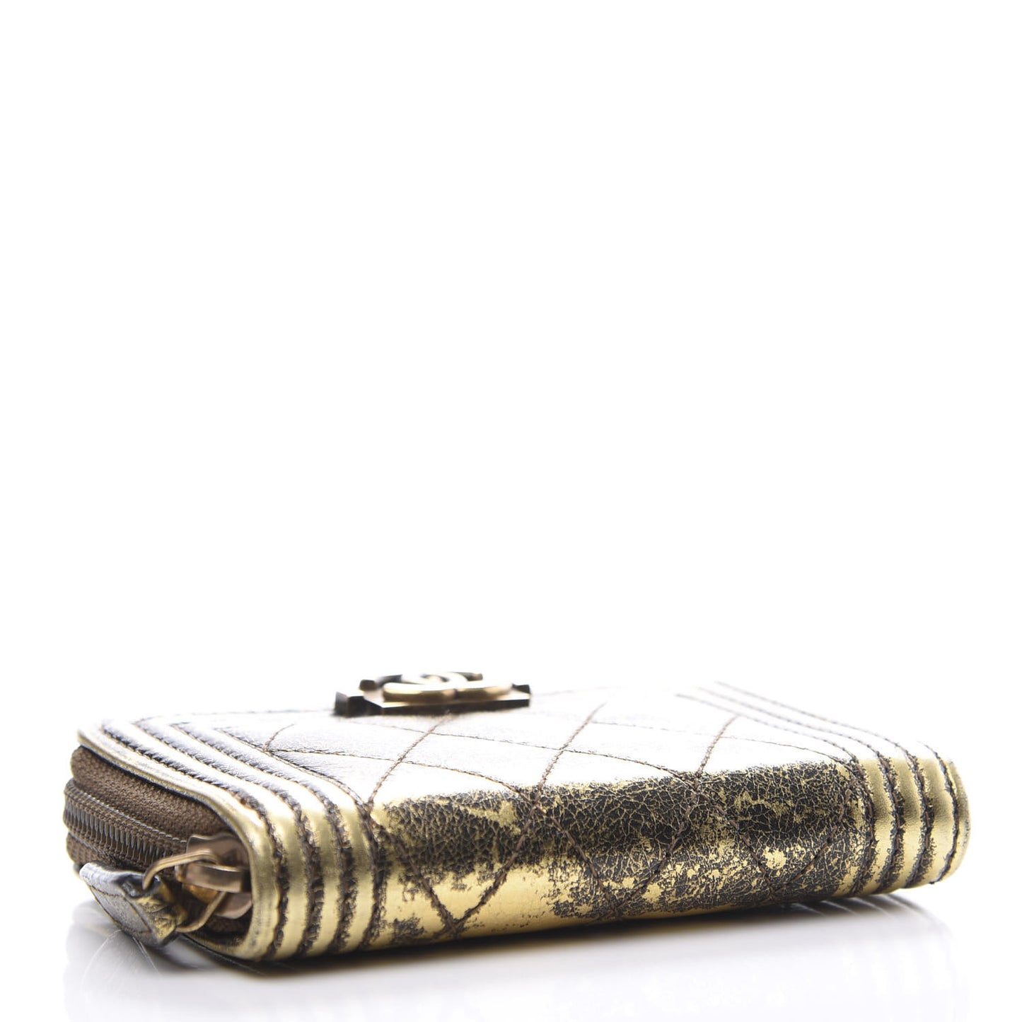 Cracked Metallic Calfskin Quilted Boy Zip Around Coin Purse Wallet Gold
