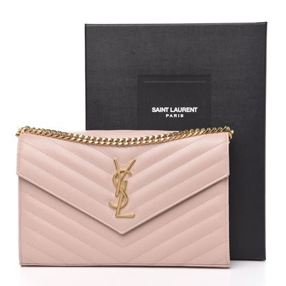 Saint Laurent Grain De Poudre Matelasse Chevron Monogram Chain Wallet Pale Blush 9 of 9