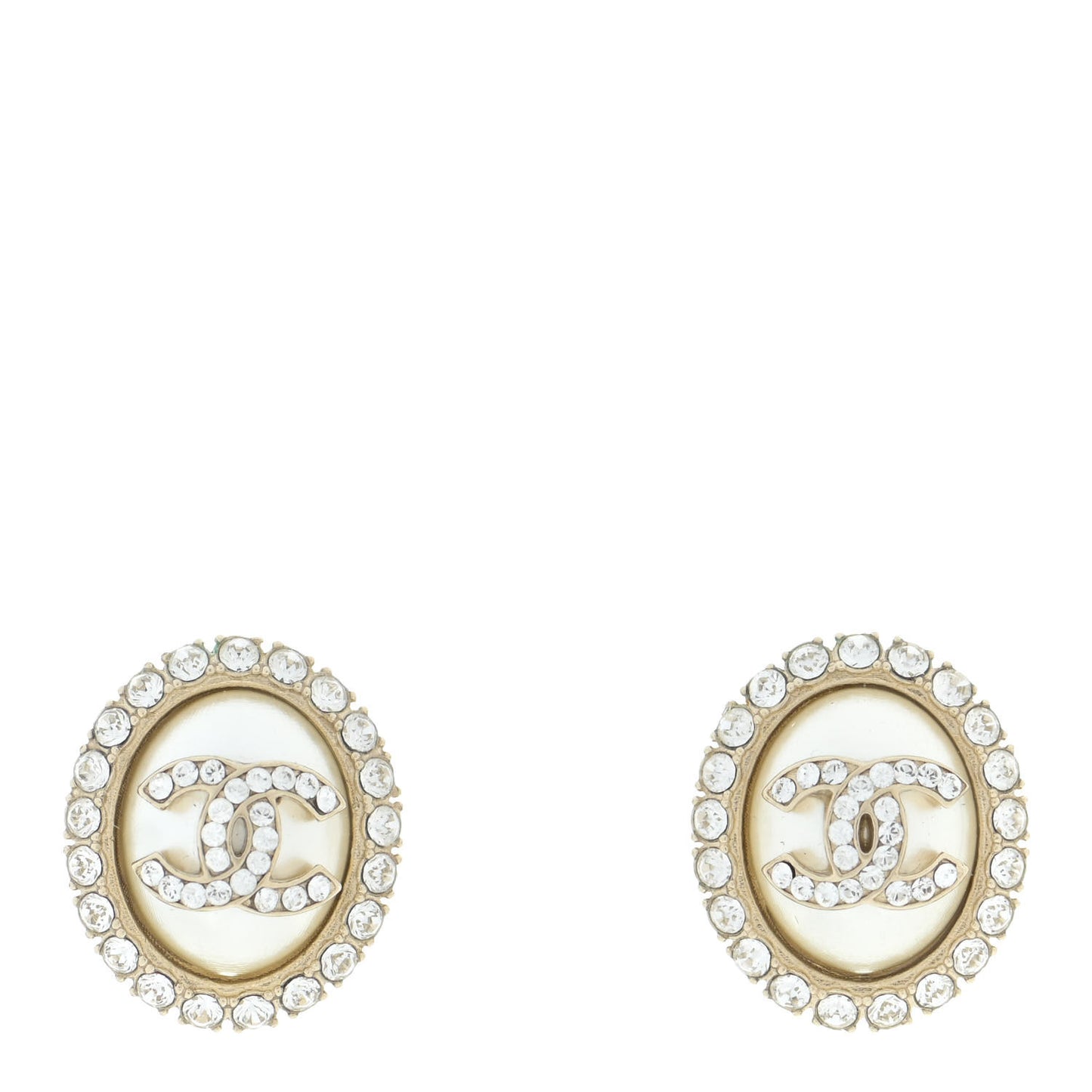 Pearl Crystal Oval CC Earrings Gold