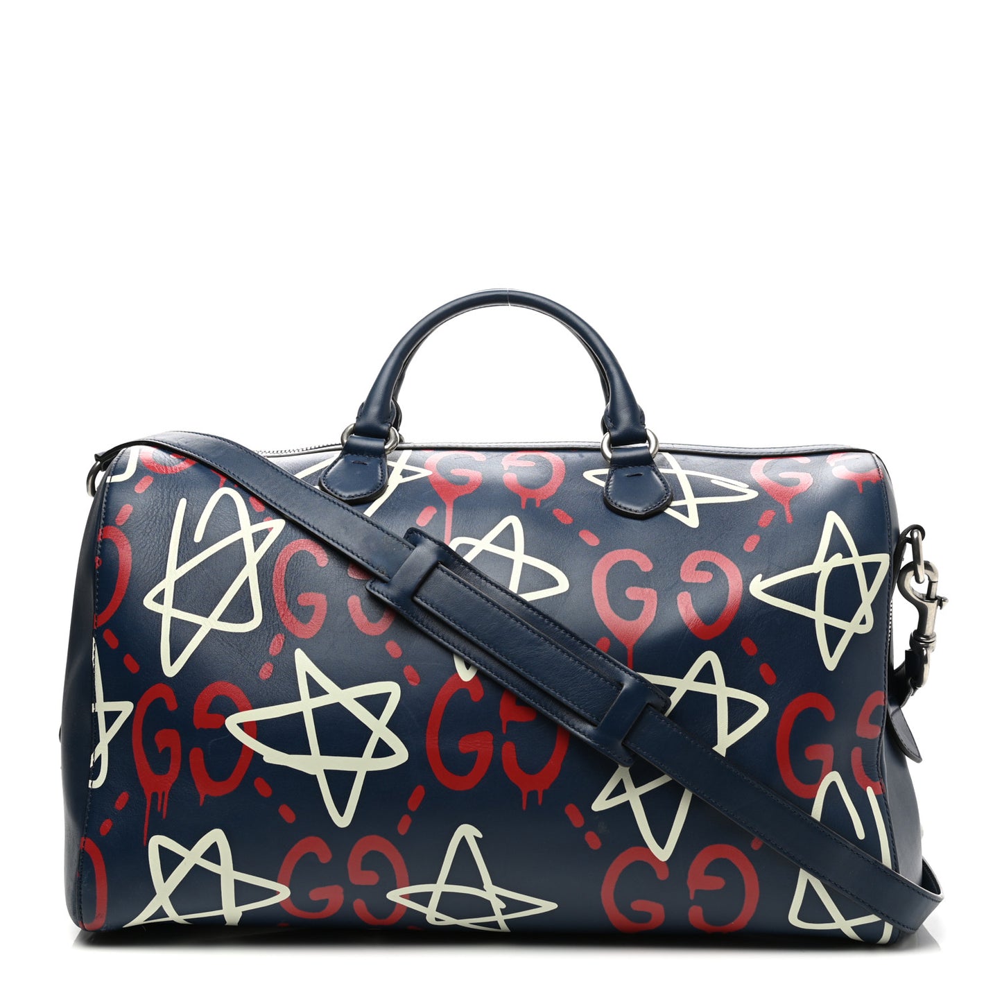 Calfskin GucciGhost Print Duffle Blue Agata Hibiscus Red