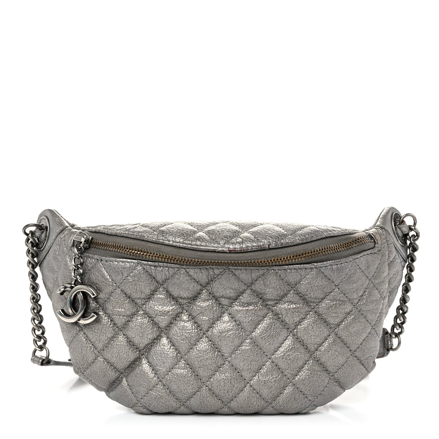 Metallic Calfskin Quilted Banane Waist Bag Fanny Pack Dark Silver
