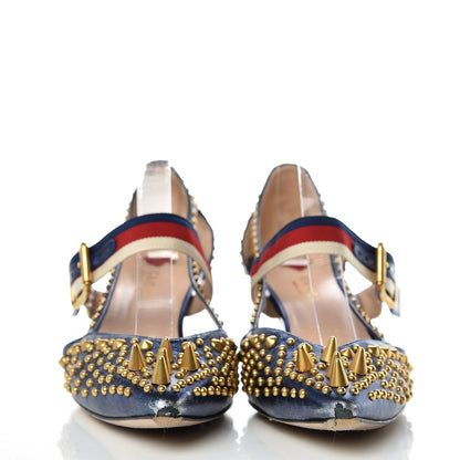 Gucci Metallic Nappa Silk Grosgrain Studded Sylvie Web Bamboo Low Heel Pumps 36.5 Sapphire 2 of 13