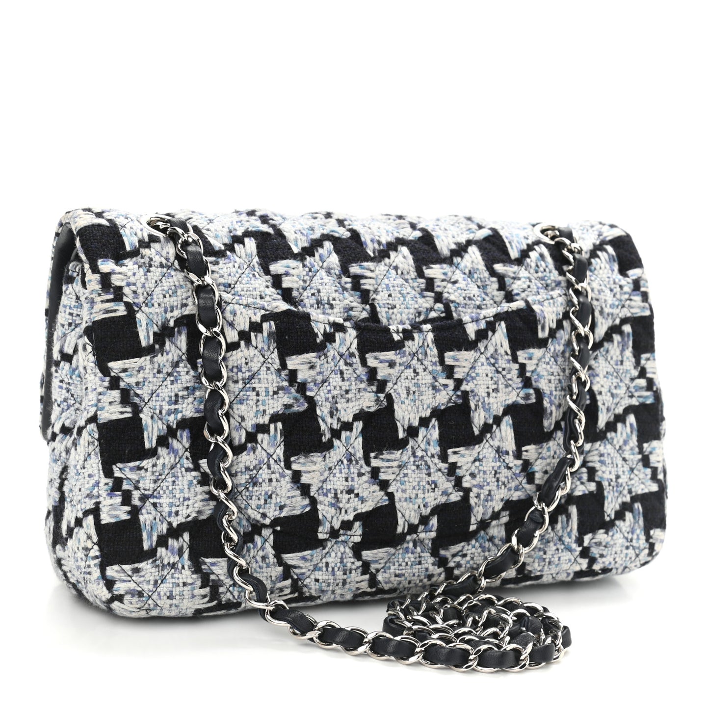 Tweed Quilted Medium Double Flap Black White Light Blue