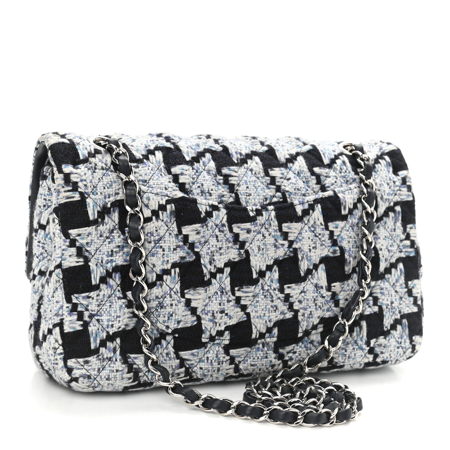 Chanel Tweed Quilted Medium Double Flap Black White Light Blue 3 of 12