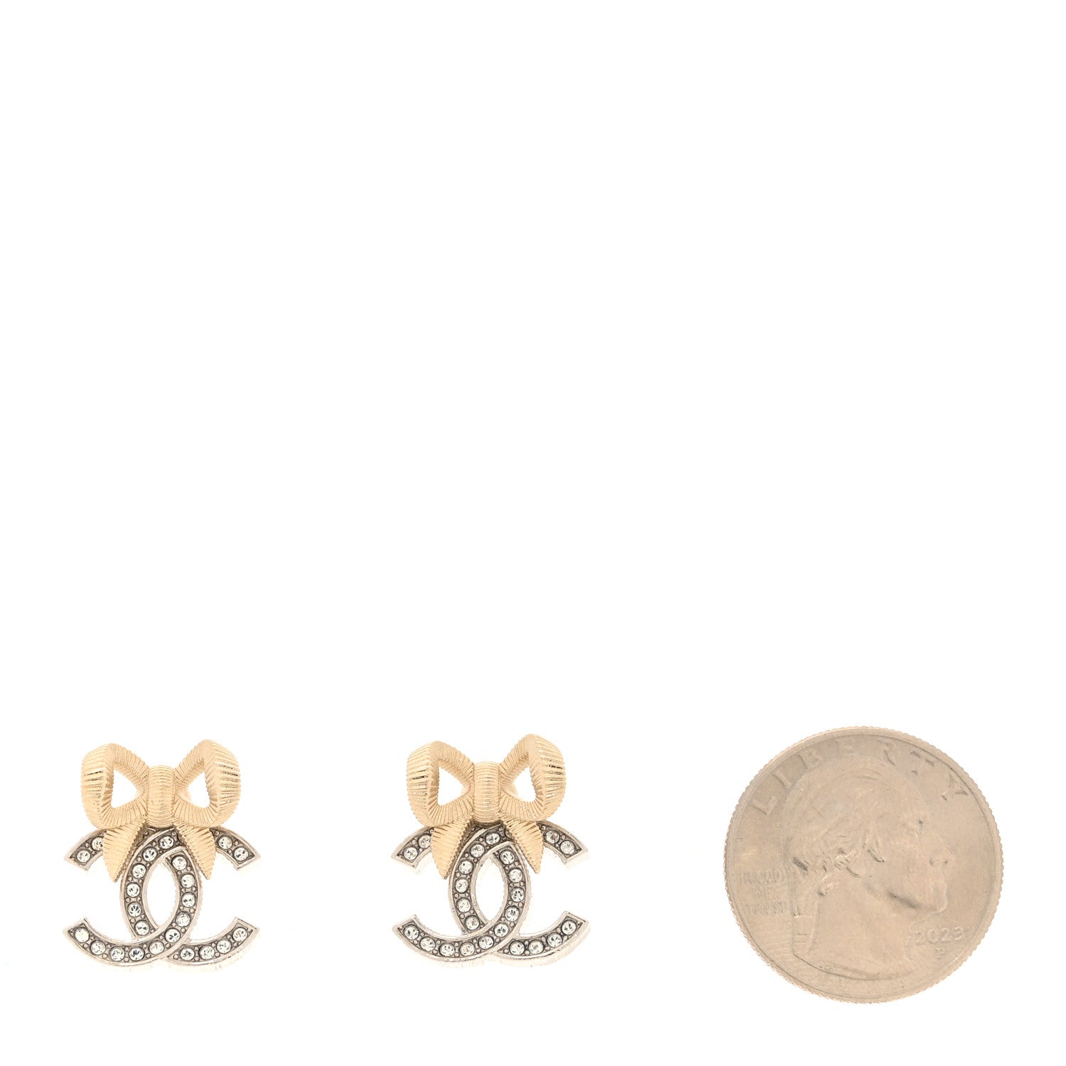 Chanel Crystal CC Bow Earrings Silver Gold 2 of 5