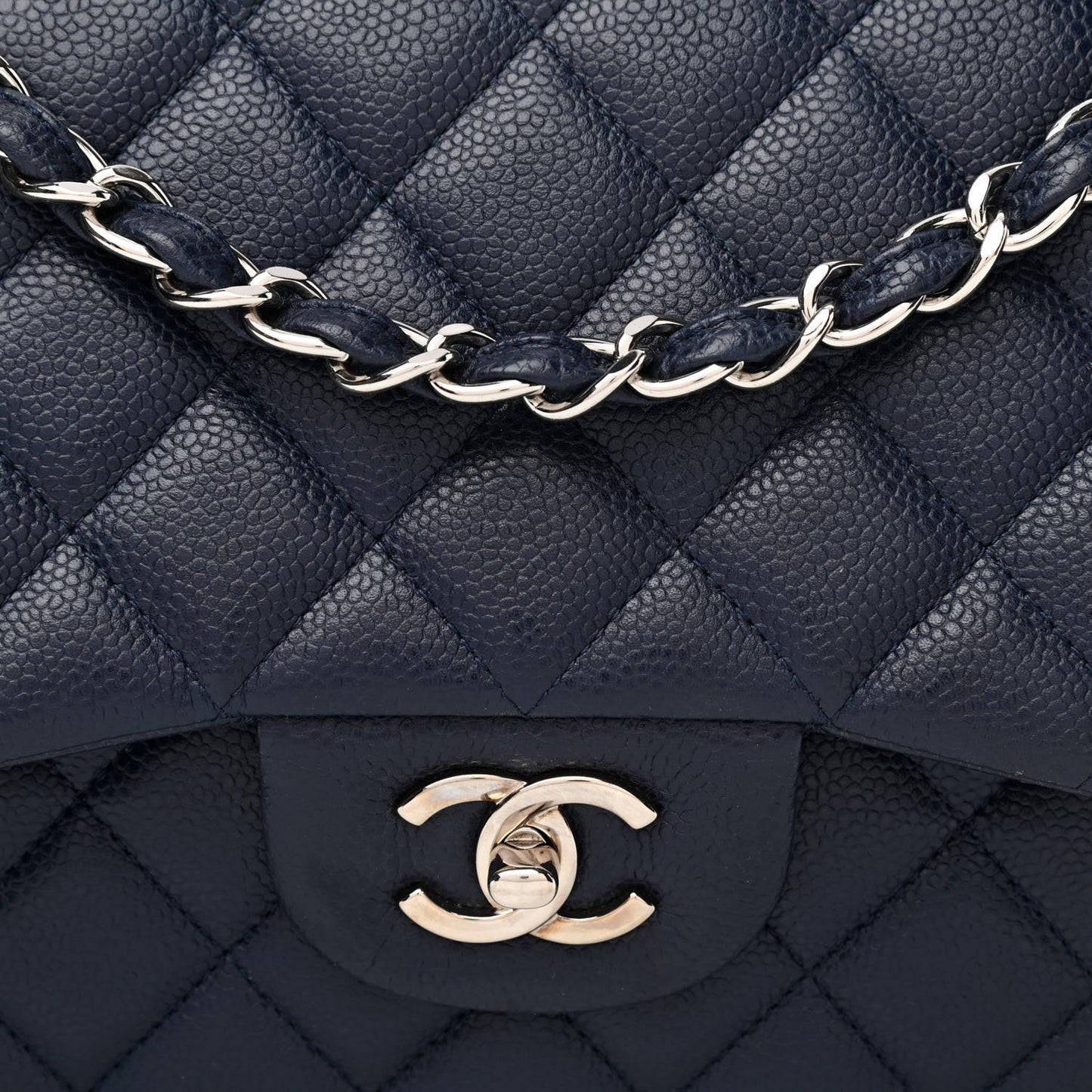 Caviar Quilted Jumbo Double Flap Navy Blue