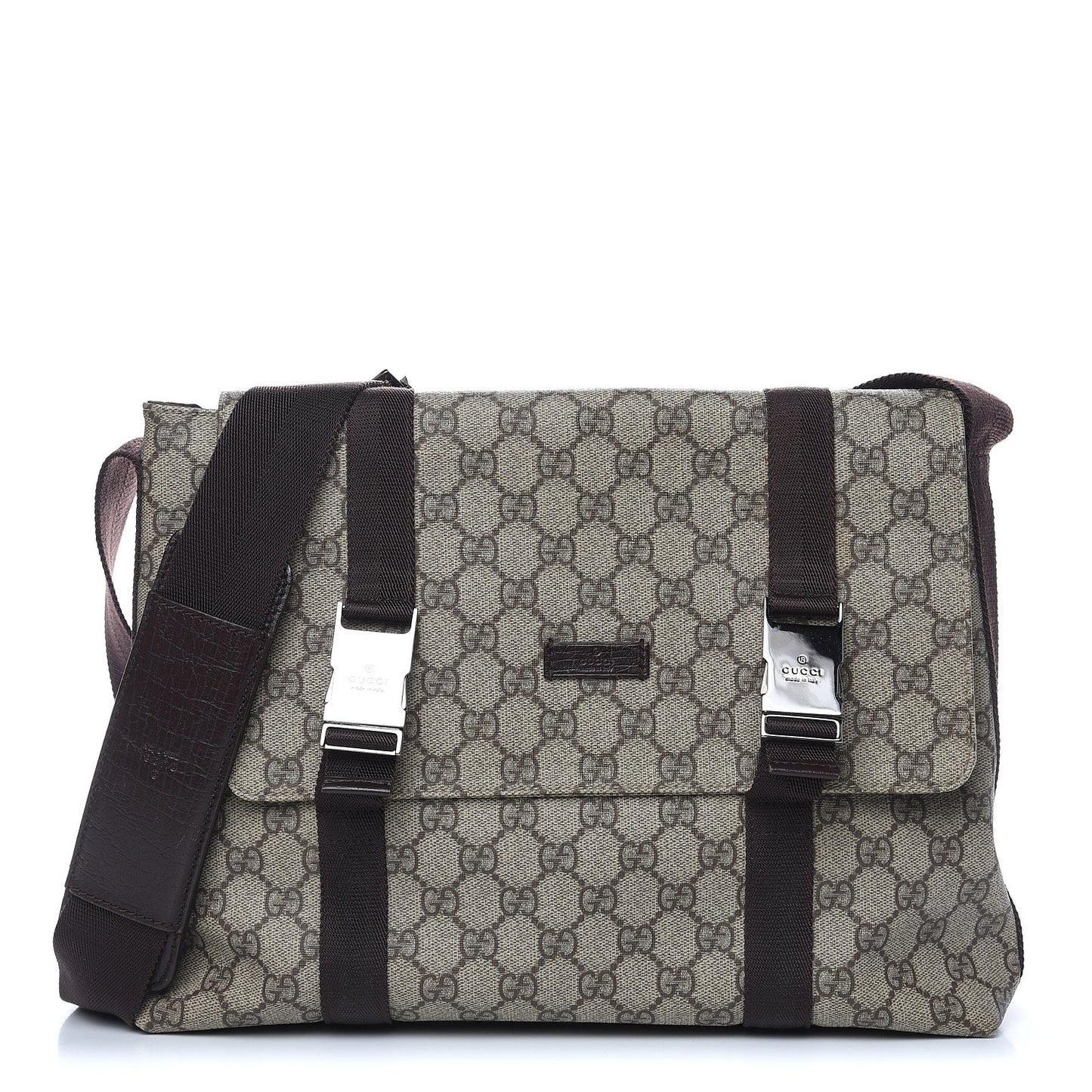 GG Plus Monogram Large Double Buckle Flap Messenger Bag Beige Dark Brown