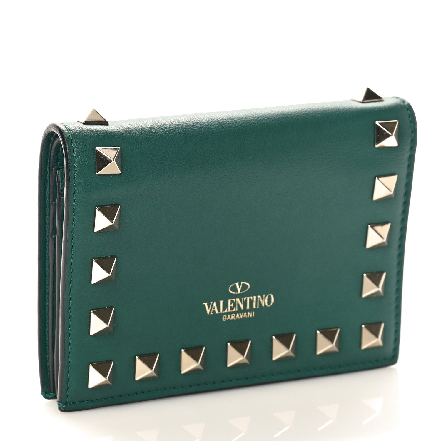 Valentino Garavani Calfskin Rockstud Bi-Fold Card Holder Green 3 of 8