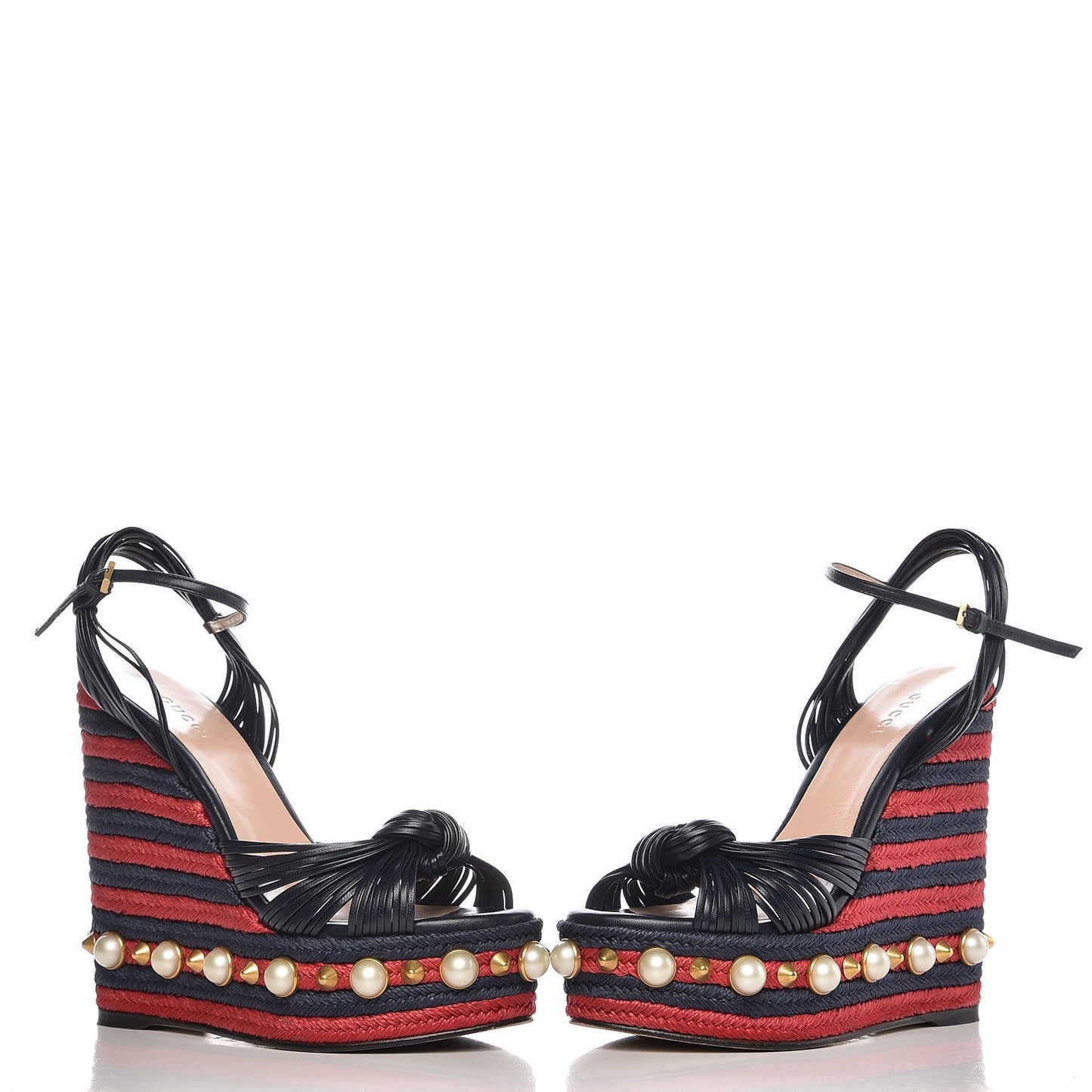 Raffia Calfskin Pearl Embellished Barbette Espadrille Platform Wedge Sandals 36.5 Midnight Blue Red