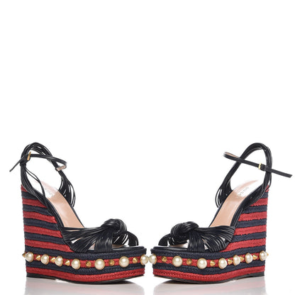 Gucci Raffia Calfskin Pearl Embellished Barbette Espadrille Platform Wedge Sandals 36.5 Midnight Blue Red 5 of 12