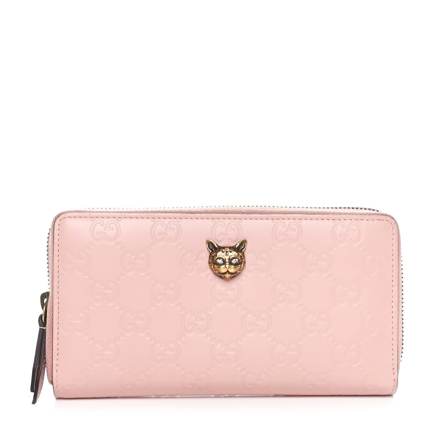Gucci Guccissima Signature Crystal Cat Zip Around Wallet Light Candy Pink 1 of 10