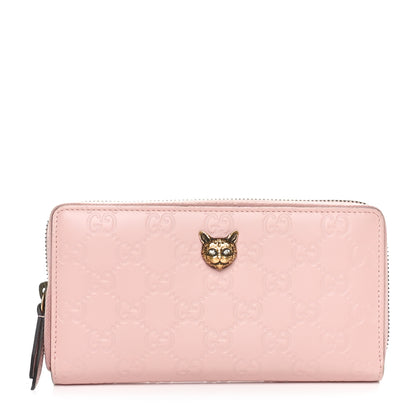 Gucci Guccissima Signature Crystal Cat Zip Around Wallet Light Candy Pink 1 of 10