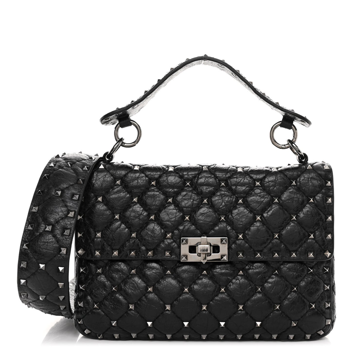 Craquele Nappa Medium Rockstud Spike Shoulder Bag Black