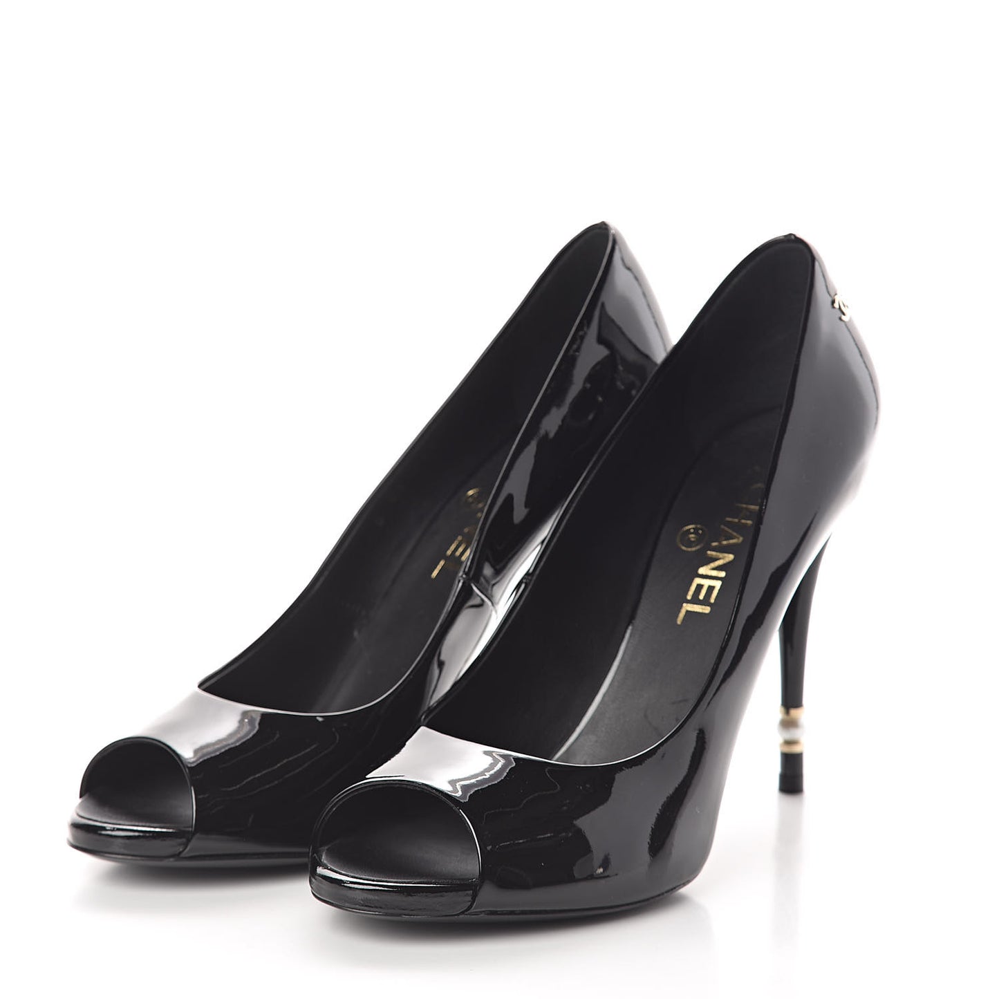 Patent Pearl Embellished Heel Peep Toe CC Pumps 41 Black
