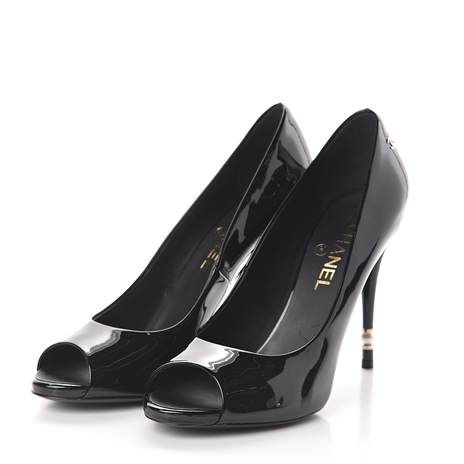Chanel Patent Pearl Embellished Heel Peep Toe CC Pumps 41 Black 3 of 8