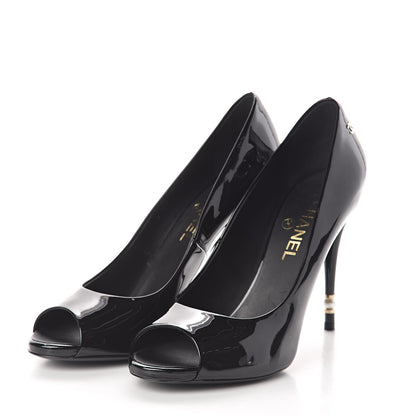 Chanel Patent Pearl Embellished Heel Peep Toe CC Pumps 41 Black 3 of 8