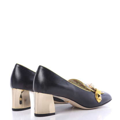Gucci Malaga Kid Nappa GG Supreme Monogram Tiger Head Mid Heel Loafer Pumps 37 Black Oro Vecchio Beige 4 of 11