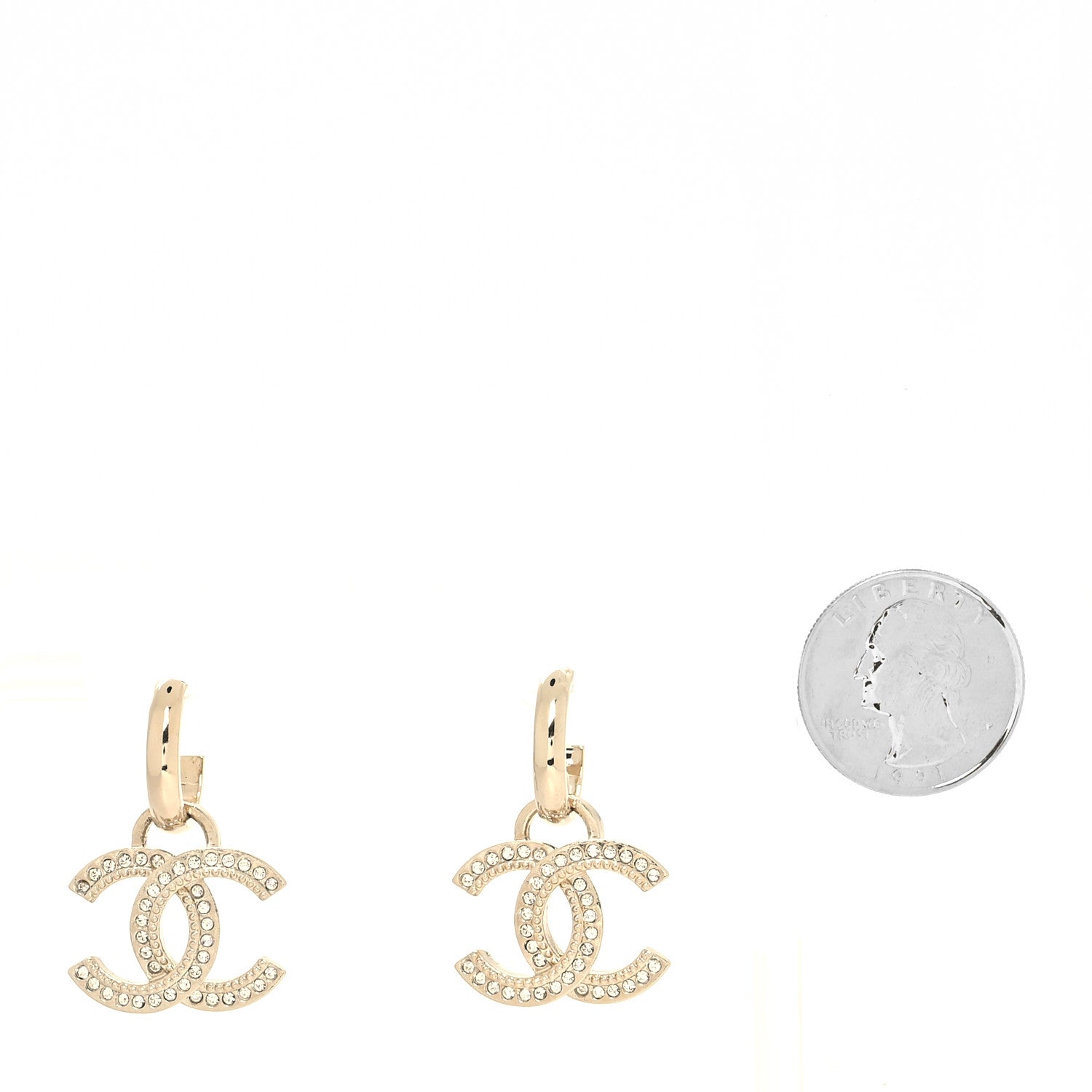 Chanel Metal Crystal Studded CC Hoop Drop Earrings Gold 2 of 4