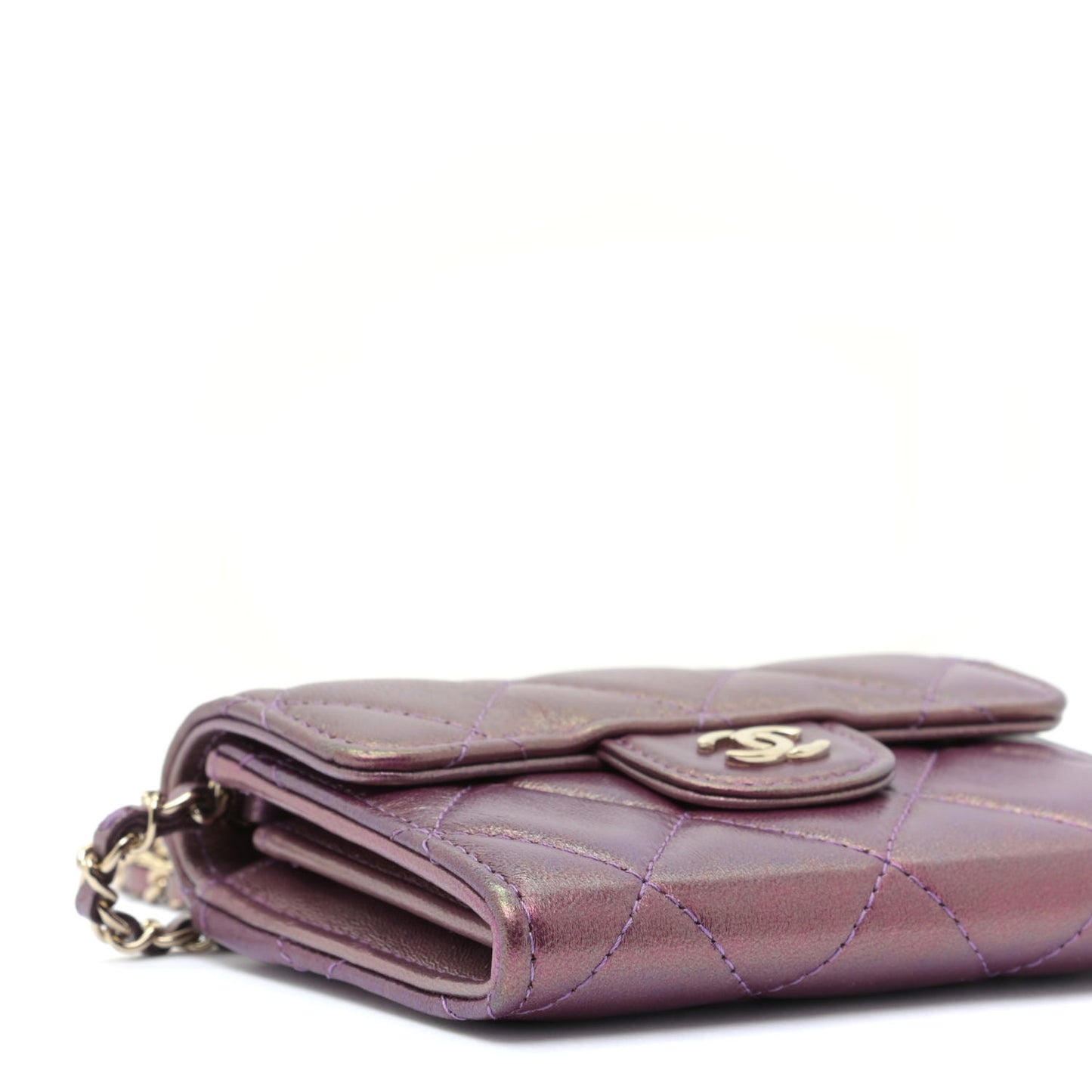 Iridescent Lambskin Quilted Flap Card Holder On Chain Purple