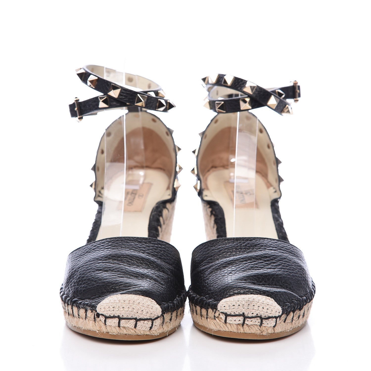 Valentino Garavani Grained Calfskin Rockstud Ankle Wrap Espadrille 15/85mm Wedges 38 Black Light Ivory 2 of 10