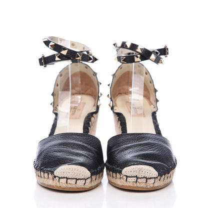 Valentino Garavani Grained Calfskin Rockstud Ankle Wrap Espadrille 15/85mm Wedges 38 Black Light Ivory 2 of 10