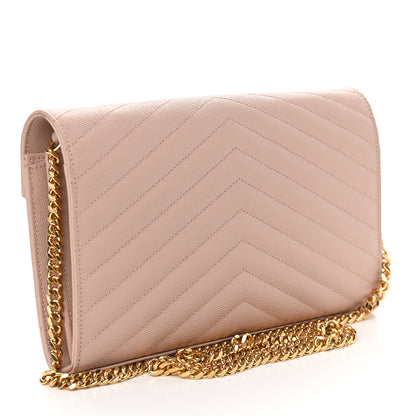 Saint Laurent Grain De Poudre Matelasse Chevron Monogram Chain Wallet Pale Pink 2 of 7