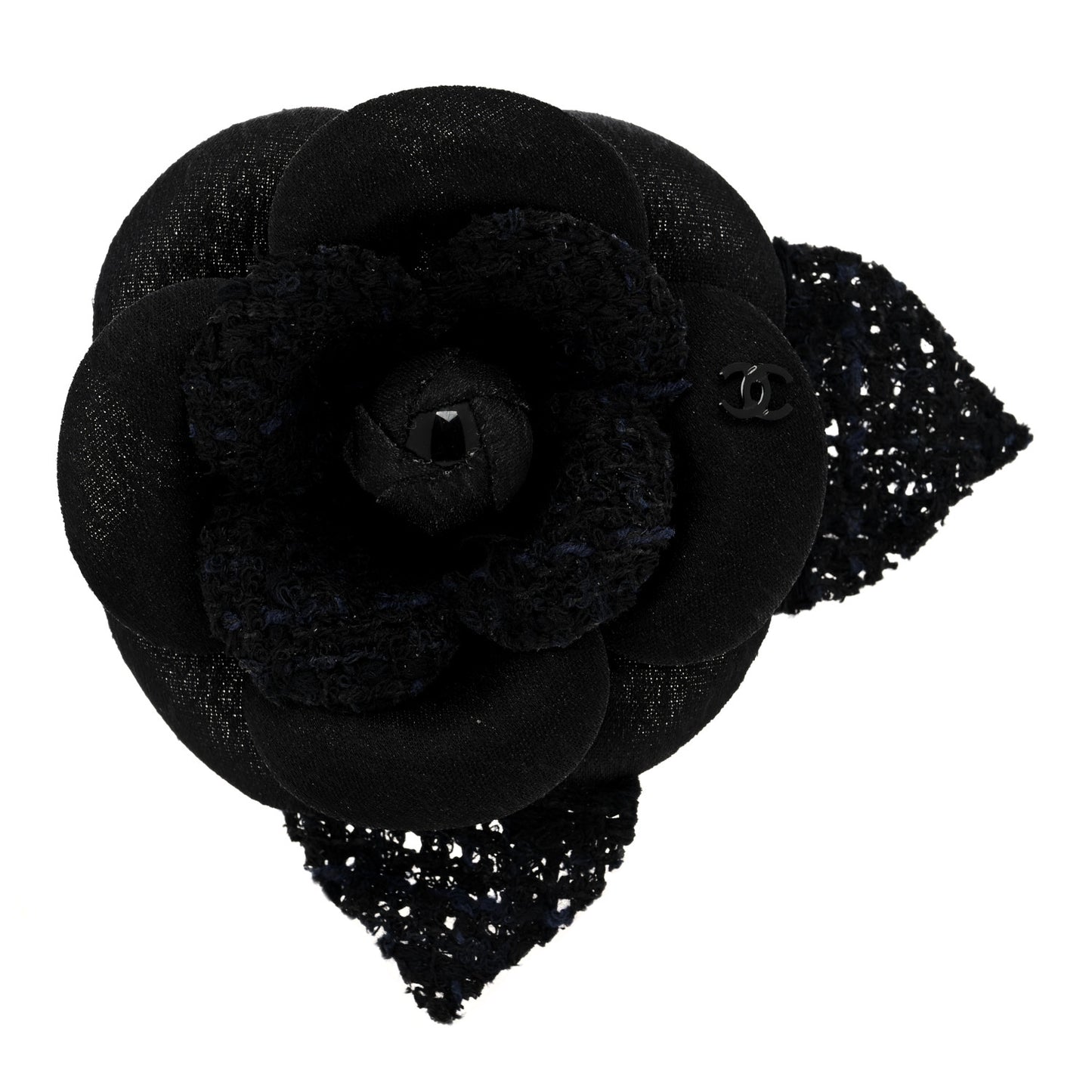 Tweed Fabric Camellia Pin Brooch Navy Blue Black