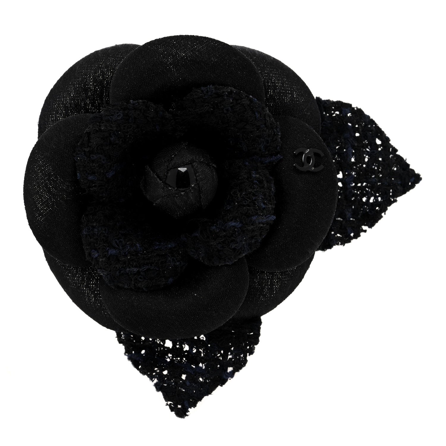 Chanel Tweed Fabric Camellia Pin Brooch Navy Blue Black 1 of 3
