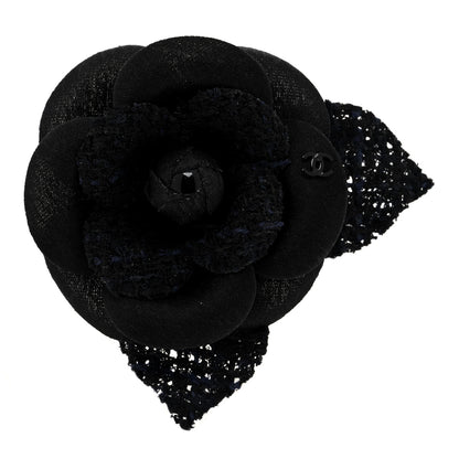 Chanel Tweed Fabric Camellia Pin Brooch Navy Blue Black 1 of 3