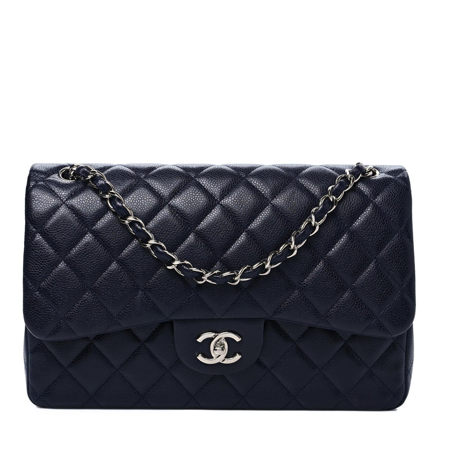 Caviar Quilted Jumbo Double Flap Navy Blue