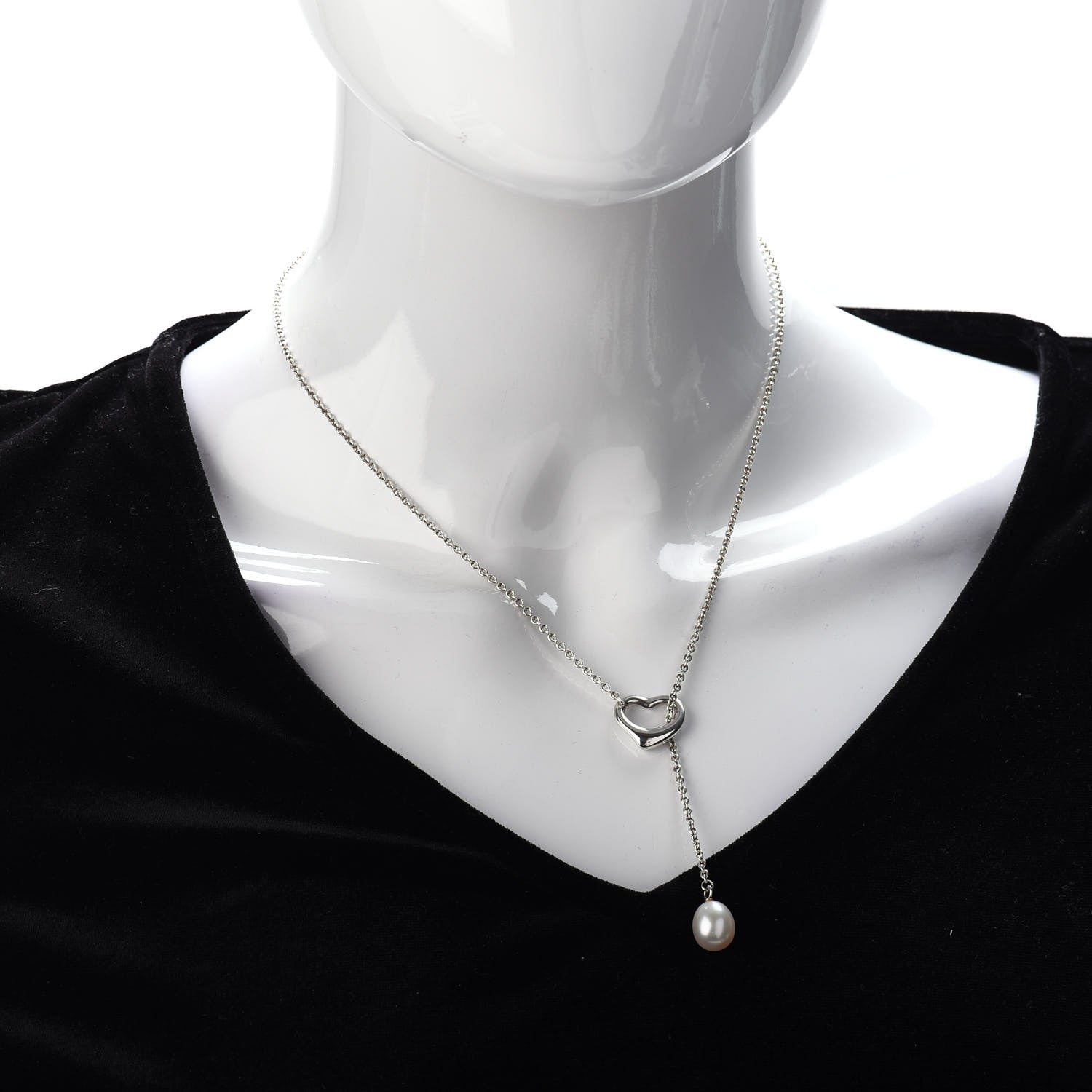 Tiffany Sterling Silver Pearl 9-9.5mm Elsa Peretti Open Heart Lariat Necklace 2 of 4
