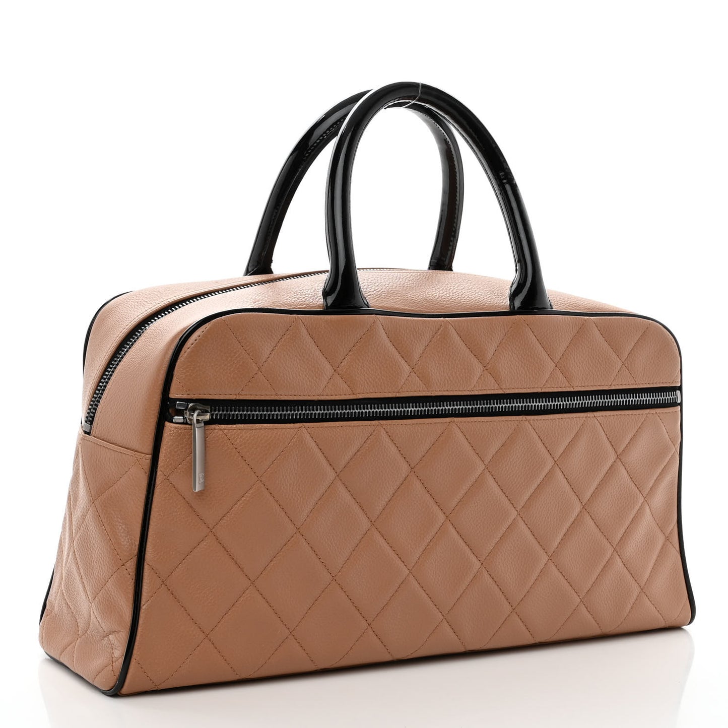 Caviar Patent Quilted Large Bowler Bag Beige Black