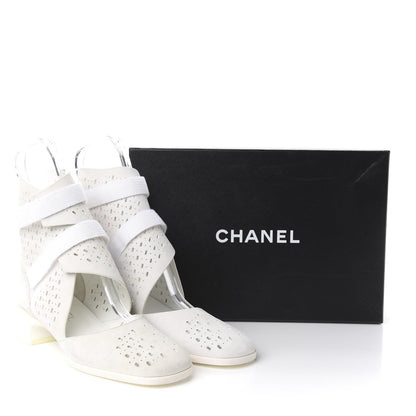 Chanel Suede Perforated Velcro Ankle Boots 38 White 10 of 10