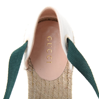 Gucci Canvas Malaga Kid Web Ankle Wrap Espadrille Wedge Sandals 35.5 Green Red Mystic White Emerald 7 of 7