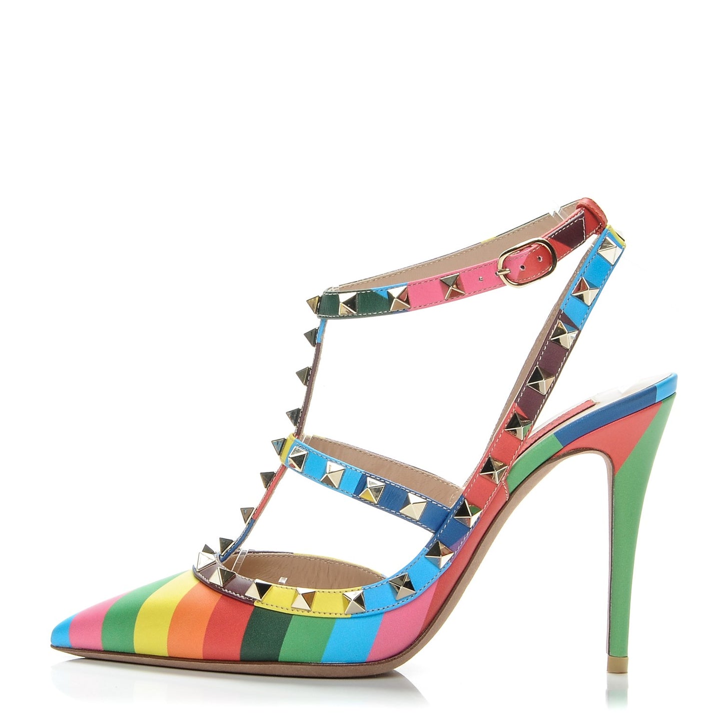 Calfskin 1973 Rockstud Ankle Strap 100mm Pumps 38 Multicolor