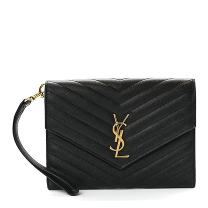 Saint Laurent Grain De Poudre Matelasse Chevron Monogram Envelope Clutch Black 1 of 10