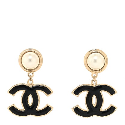 Chanel Pearl Enamel CC Drop Earrings Black 1 of 4