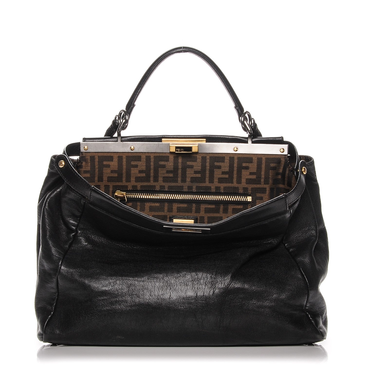Fendi Goatskin Zucca Large Peekaboo Iconic Satchel Black Tobacco 1 of 9