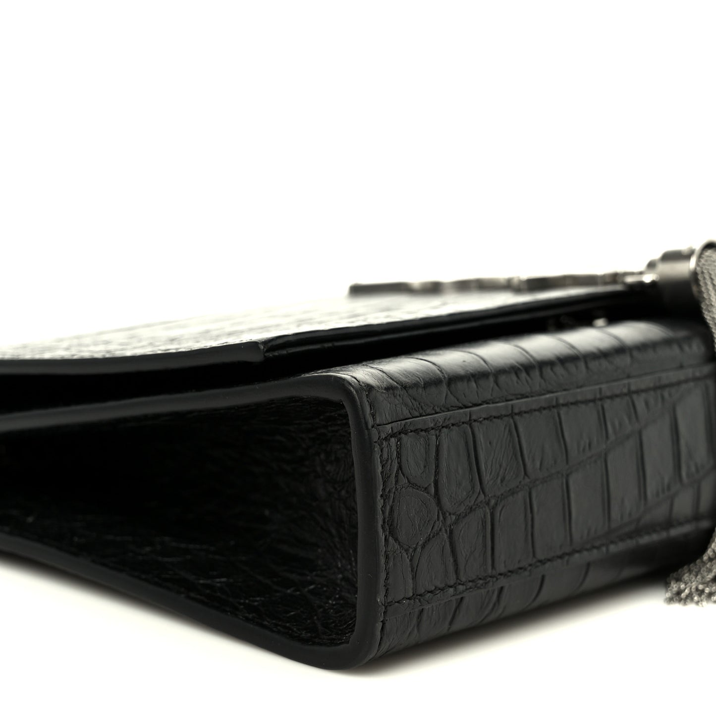 Calfskin Crocodile Embossed Medium Classic Monogram Kate Tassel Satchel Black