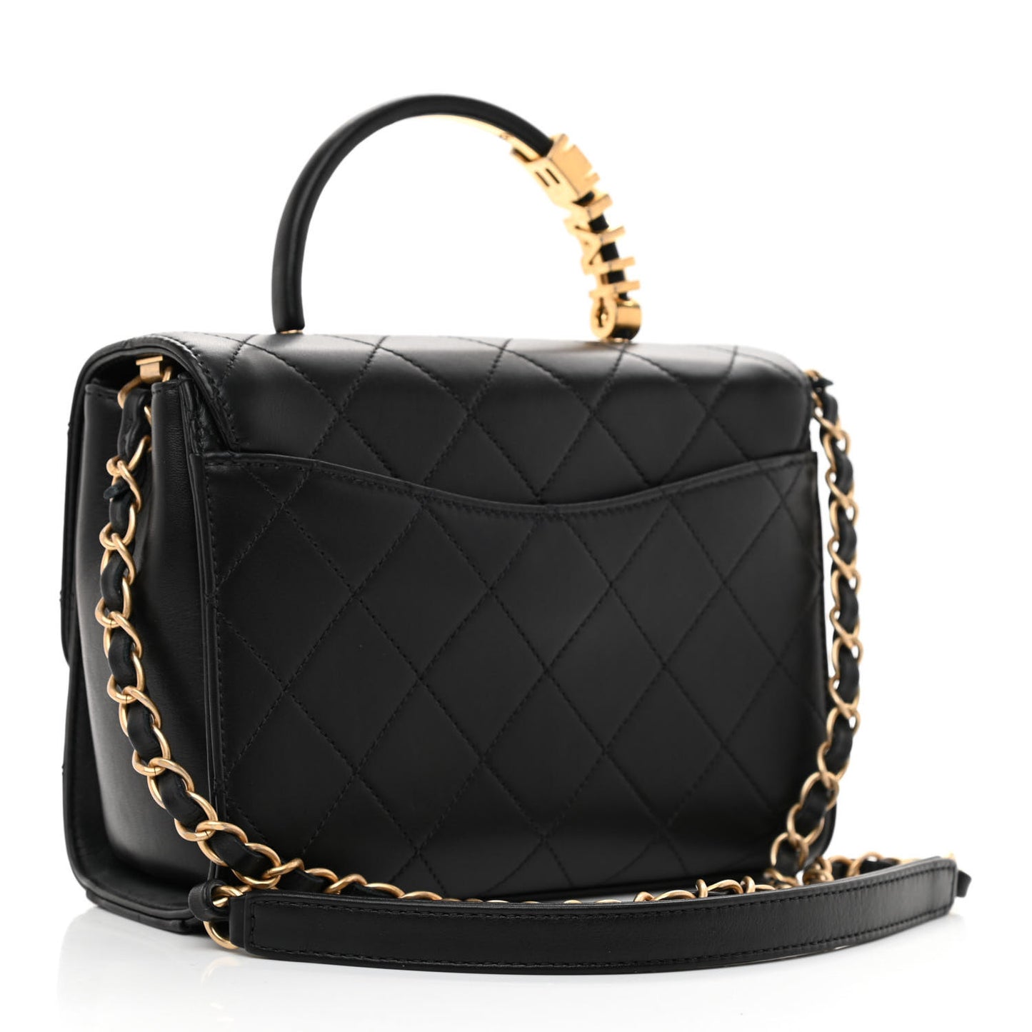 Lambskin Stitched Pearl Logo Top Handle Flap Black