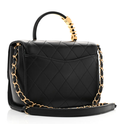 Chanel Lambskin Stitched Pearl Logo Top Handle Flap Black 3 of 11