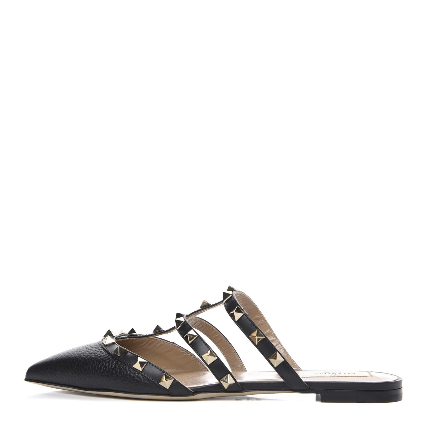Pebbled Calfskin Rockstud Flat Cage Mules 38 Black