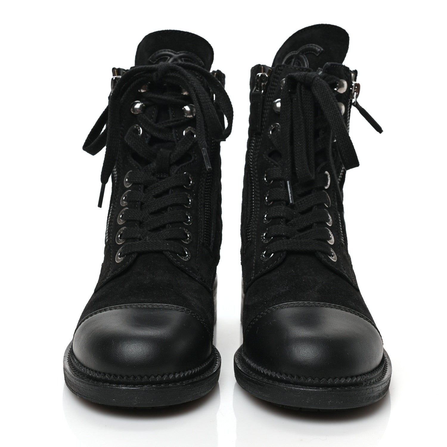 Chanel Suede Quilted CC Lace Up Combat Boots 36 Black 2 of 8