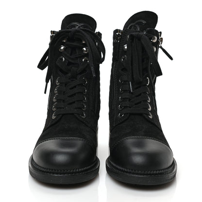 Chanel Suede Quilted CC Lace Up Combat Boots 36 Black 2 of 8